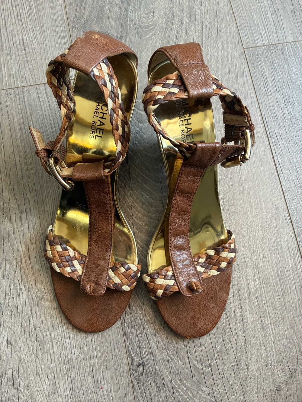 Michael Kors Juniper Brown Braided Leather T-Strap Heels with Gold Footbed